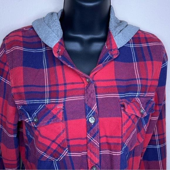 MEDIUM WOMENS EMPYRE RED PLAID HOODED BUTTON FRONT LONG SLEEVE - Picture 3 of 11